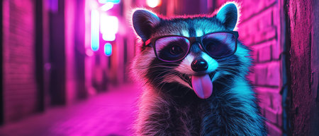 Raccoon in funky glasses sticking tongue out, urban neon alley behindの素材