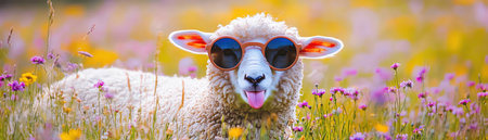 Sheep in round sunglasses tongue out, vivid field of wildflowersの素材