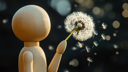 Wooden mannequin blowing on dandelionの素材