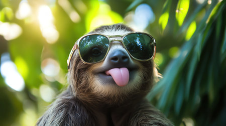 Sloth wearing sunglasses sticking tongue out, bright jungle canopyの素材