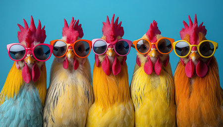 A vibrant lineup of roosters sporting funky sunglasses, presenting a unique and humorous take on poultry fashionの素材