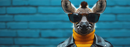 A quirky image of a zebra wearing sunglasses and a leather jacket against a solid background, evoking surreal humorの素材