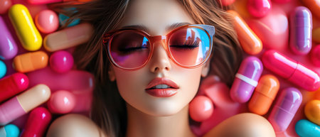 Stylish woman in sunglasses stands amidst a sea of giant colorful capsulesの素材