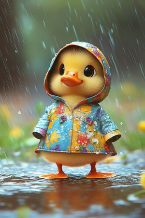 A cute duckling dressed in a colorful raincoat stands in puddles under the rain, a whimsical and charming sceneの素材
