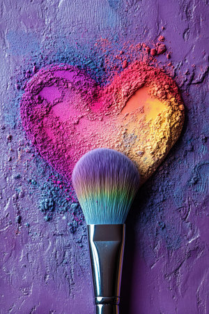 A colorful heart made of rainbowcolored makeup powder with a cosmetic brush on a purple surfaceの素材