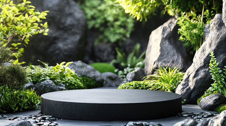 A Black circular podium for product display set in a peaceful Zen garden with rocks and foliageの素材