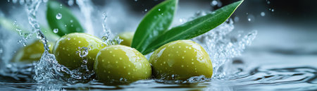 A Green olives with leaves creating a splash in water, capturing a moment of freshness and vitalityの素材