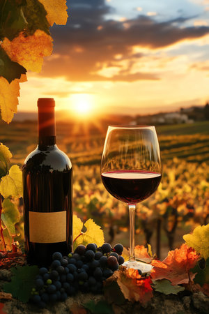 A bottle and glass of red wine amidst vineyards during a stunning sunsetの素材