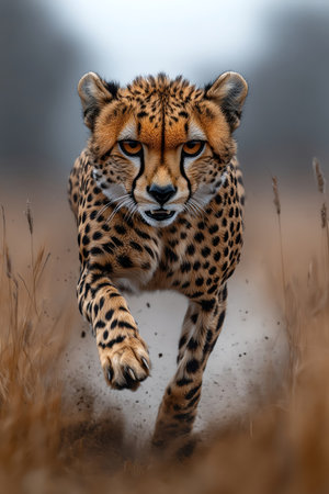 A cheetah in full sprint across the savannah, showcasing its incredible speed and focus, in its natural habitatの素材
