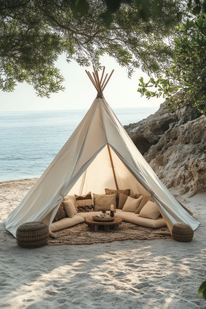 A bohemianstyled teepee with comfortable cushions set on a sandy beach, perfect for a relaxed outdoor retreatの素材
