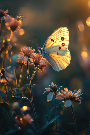 A delicate butterfly perches atop flowers, bathed in a dreamy, ethereal glow of a magical gardenの素材