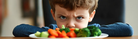 A displeased young boy staring at a plate of healthy vegetables, showing reluctance to eat his greensの素材