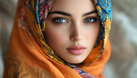 A fashionable woman wearing a hijab and a colorful silk scarf poses confidently, showcasing modern Islamic fashionの素材