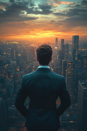 A businessman in a suit stands pensively overlooking a sprawling city skyline, symbolizing ambition and visionの素材