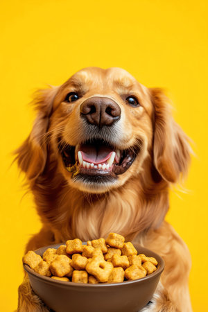 A delighted dog looks up with a wide smile, holding a bowl filled with tasty treats on a vibrant yellow backgroundの素材