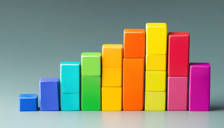 A 3D colorful bar graph showing a progression of growth, a concept for business development and analyticsの素材