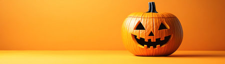 A cheerful carved Halloween pumpkin displayed on a plain orange background, symbolizing festive traditionsの素材