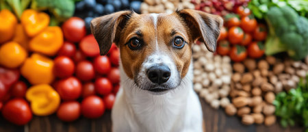 A curious dog surrounded by a colorful array of healthy food options, promoting a balanced diet for petsの素材