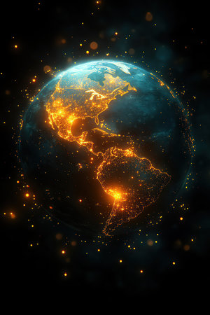 A dark Earth globe displaying a vibrant heatmap of global network activity, symbolizing the spread and impact of digital connectivityの素材