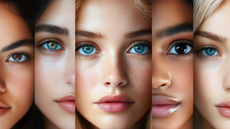 A collage of diverse and beautiful women with a range of skin tones, showcasing natural beauty and cosmeticsの素材