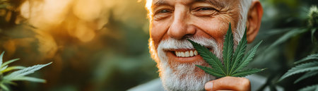 A cheerful senior man holding a cannabis leaf close to his face, possibly highlighting the benefits of herbal medicineの素材
