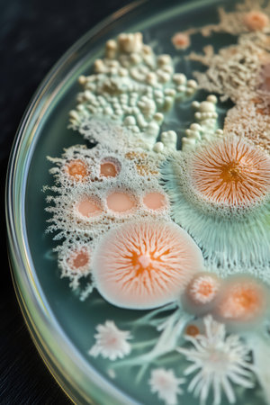 A detailed view of a Petri dish showcasing diverse stages of microbial growth and patternsの素材