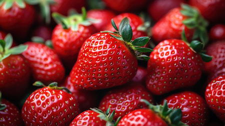 A full frame shot of a heap of ripe fresh strawberries, vibrant and juicyの素材