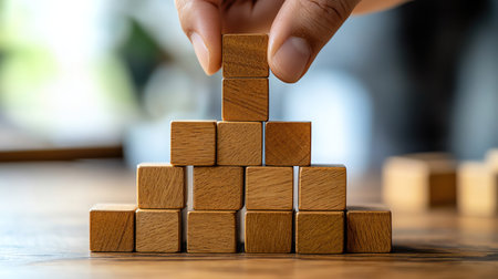 A hand placing the final piece on a pyramid of wooden blocks symbolizing time management and successの素材