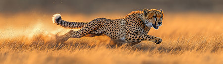 A cheetah in full sprint across the savannah, showcasing its incredible speed and focus, in its natural habitatの素材