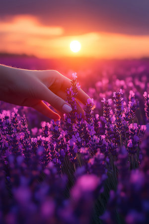 A gentle hand brushes through a field of lavender flowers during a serene sunset, evoking a sense of peaceの素材
