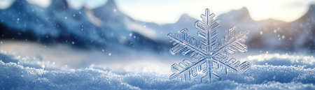 A macro shot of a unique snowflake crystal with a majestic mountain landscape in the background, symbolizing winters beautyの素材