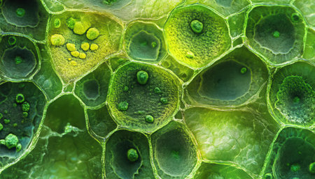 A Magnified image showing the intricate pattern of green plant cells under microscopic examinationの素材