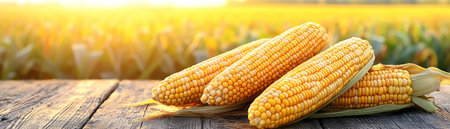 A Ripe corn cobs lying on a wooden table with cornfield in the background, depicting farm to table freshnessの素材