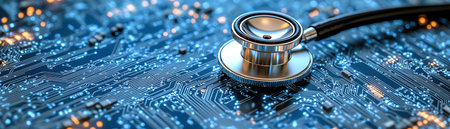 A stethoscope on a digital circuit board background, representing the integration of healthcare and advanced digital technologyの素材