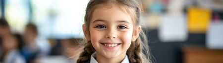 A smiling young schoolgirl in uniform sits happily in a classroom environment, ready for learning and educationの素材