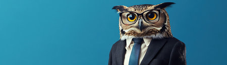 An intelligentlooking owl wears business attire with glasses and a tie against a blue backgroundの素材