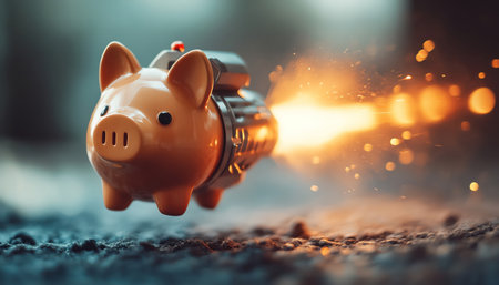 A piggy bank with a jetpack flies through the air, humorously illustrating the concept of rapid financial growth or savings accelerationの素材
