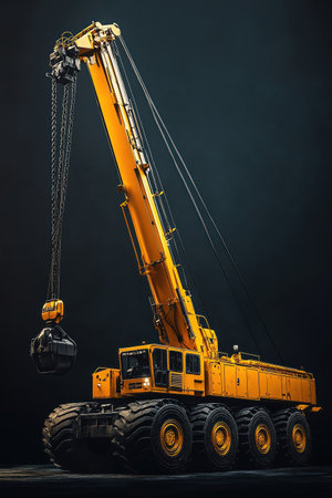 A powerful heavy duty mobile crane, intricately detailed, stands ready for industrial lifting on a dramatic dark backgroundの素材
