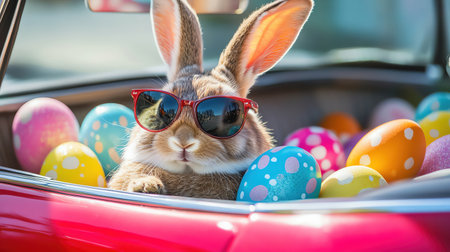 A rabbit wearing sunglasses beside Easter eggs in a vintage car on a sunny dayの素材