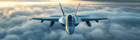 A stateoftheart fighter jet flying at high altitude above the clouds, demonstrating air superiorityの素材