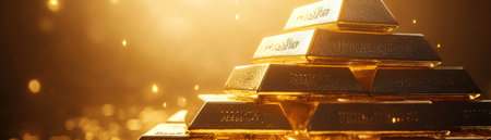 A striking pyramid of gold bars stacked high, glowing under dramatic ambient lightingの素材