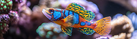 A mandarin fish, with its vivid patterns, swims gracefully among coral reefs in a captivating underwater sceneの素材