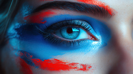 A womans face adorned with a creative makeup design featuring bold blue and red paint strokes, reflecting a modern and artistic expression of beautyの素材