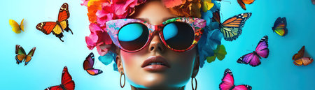 A stunning beauty portrait of a woman with a floral hairstyle and sunglasses surrounded by colorful butterfliesの素材