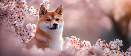 A Shiba Inu dog sits contentedly under blooming cherry blossoms, highlighting the joys of springの素材