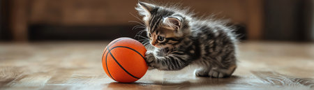 An adorable kitten with striking fur patterns playing with an orange basketball on a wooden floorの素材