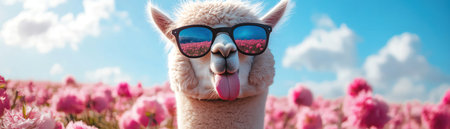 Alpaca in sunglasses sticking tongue out, pastel flower field sceneの素材