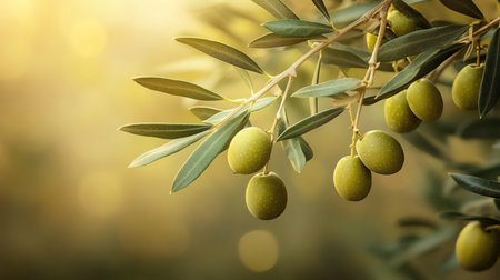 A Ripe green olives dangle from the branches of an olive tree, against a soft, vintagetoned backgroundの素材