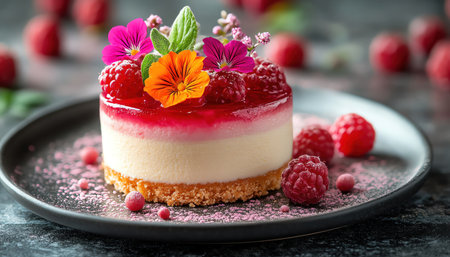 An elegant layered dessert garnished with edible flowers and fruit, served on a sleek plate against a bokeh backgroundの素材
