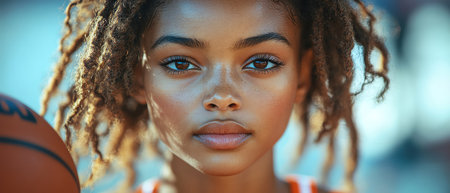 A young female basketball player intensely focused on the game, poised to make a strategic move on the courtの素材